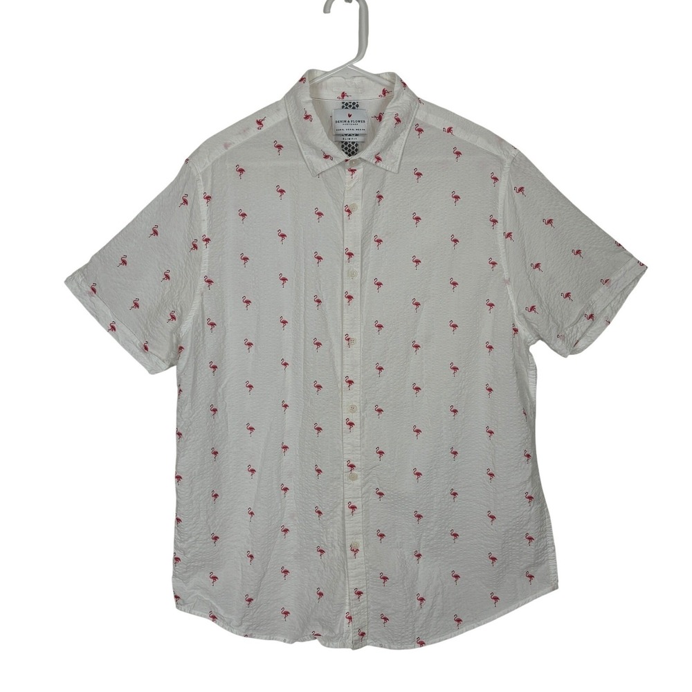 Casual Button Down Shirt Men XL Flamingo Seersucker Slim Fit Vacation Summer